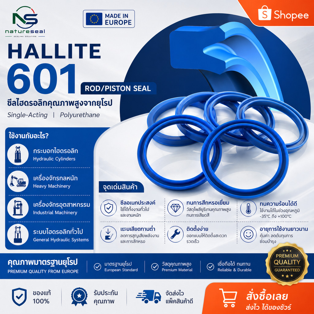 Hallite 601 ID 28 mm Rod Seal ซีลก้านสูบ ซีลลูกสูบ ไฮดรอลิก OD 35.5-43 mm T601 H601 UN seal , U-Cup seal (ซีลลูกสูบ / ซีลหัวใจ รถแบคโฮ) — สเปกวิศวกรรม ตารางขนาด (ID×OD×THK) และวิธีเลือกใช้งาน