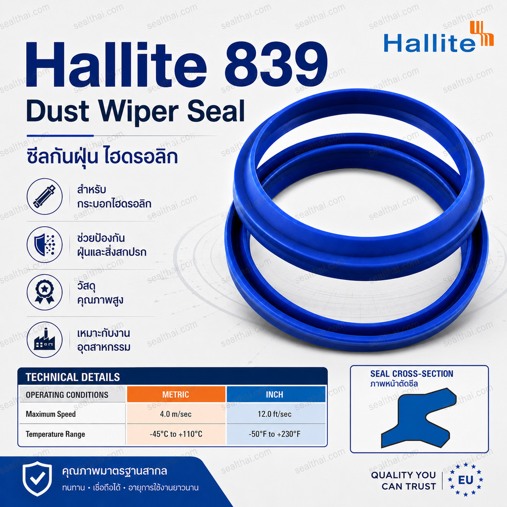Hallite 839 ID 56 mm Dust Wiper Seal ซีลกันฝุ่น ไฮดรอลิก OD 64-66 mm H839 Wiper — สเปกวิศวกรรม ตารางขนาด (ID×OD×THK) และวิธีเลือกใช้งาน